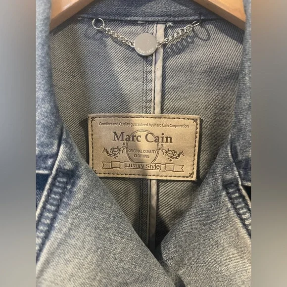 Marc Cain Blue Denim Biker Jacket  Quilted Moto Shoulders & Asymmetric Zip jeans - Picture 5 of 14